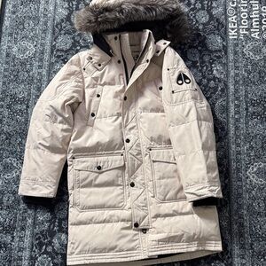 Moose Knuckles Cream Puffer Jacket with Fur Hood